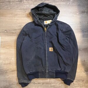 Vintage 90s Carhartt J0283 Quilt Lined Hooded Work Jacket Navy Blue Mens Medium